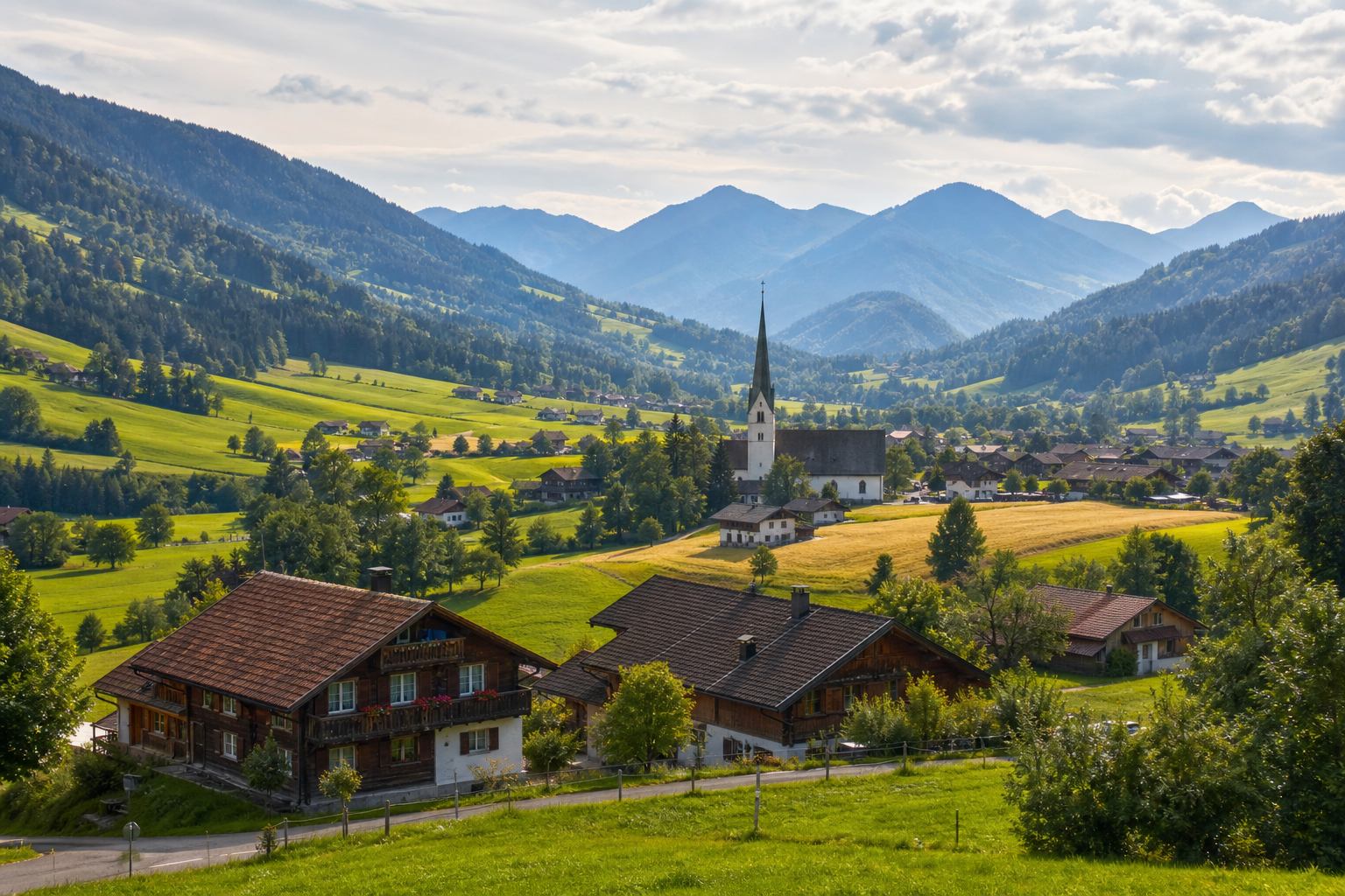 Bayerische Talschaft mit goldenen Feldern und fernen Hügeln