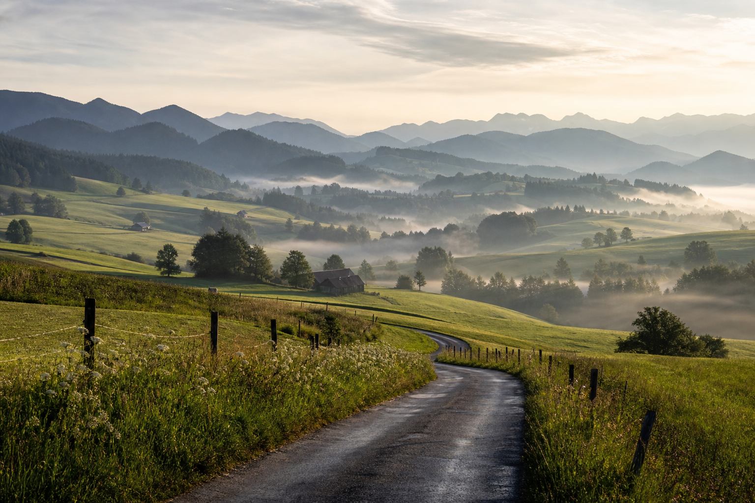 Ländliche Straße zwischen Wiesen und Hügeln in Bayern