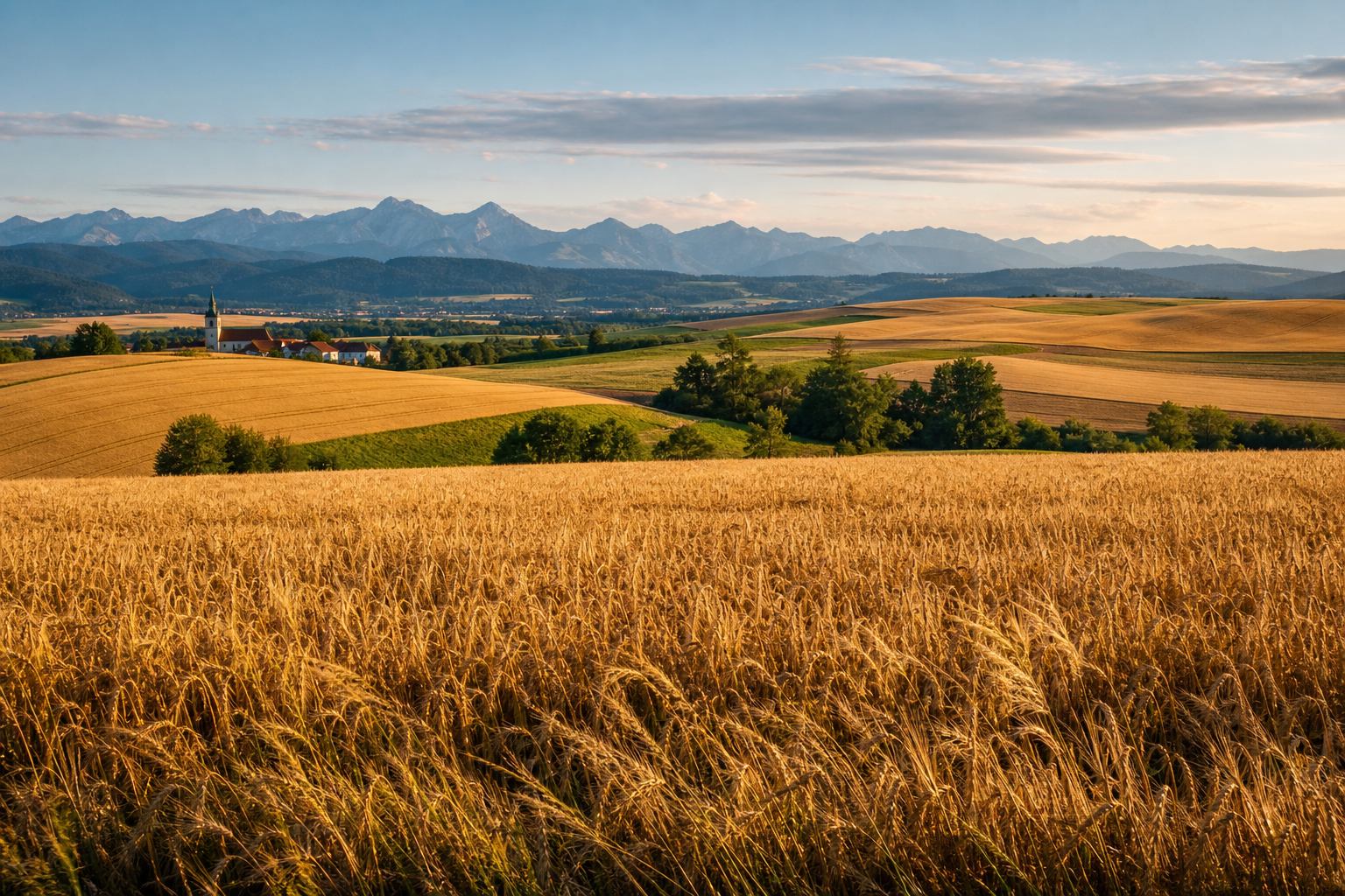 Goldene Felder mit fernen blauen Hügeln in Süddeutschland