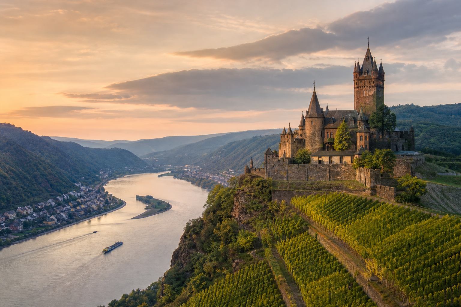 Burg über dem Rheintal mit Weinbergen